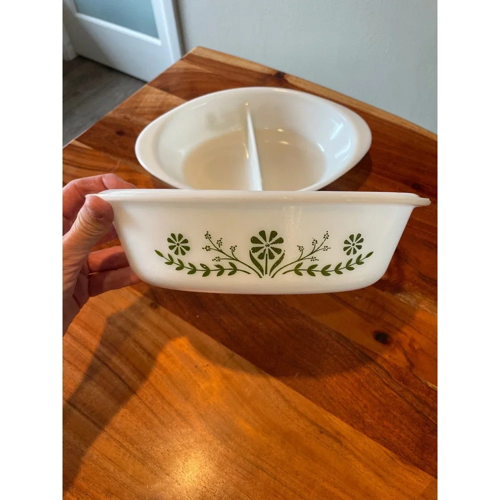 Vintage Glasbake Milk Glass Green Daisy Casserole & Divided Dish Set 2pc J2352